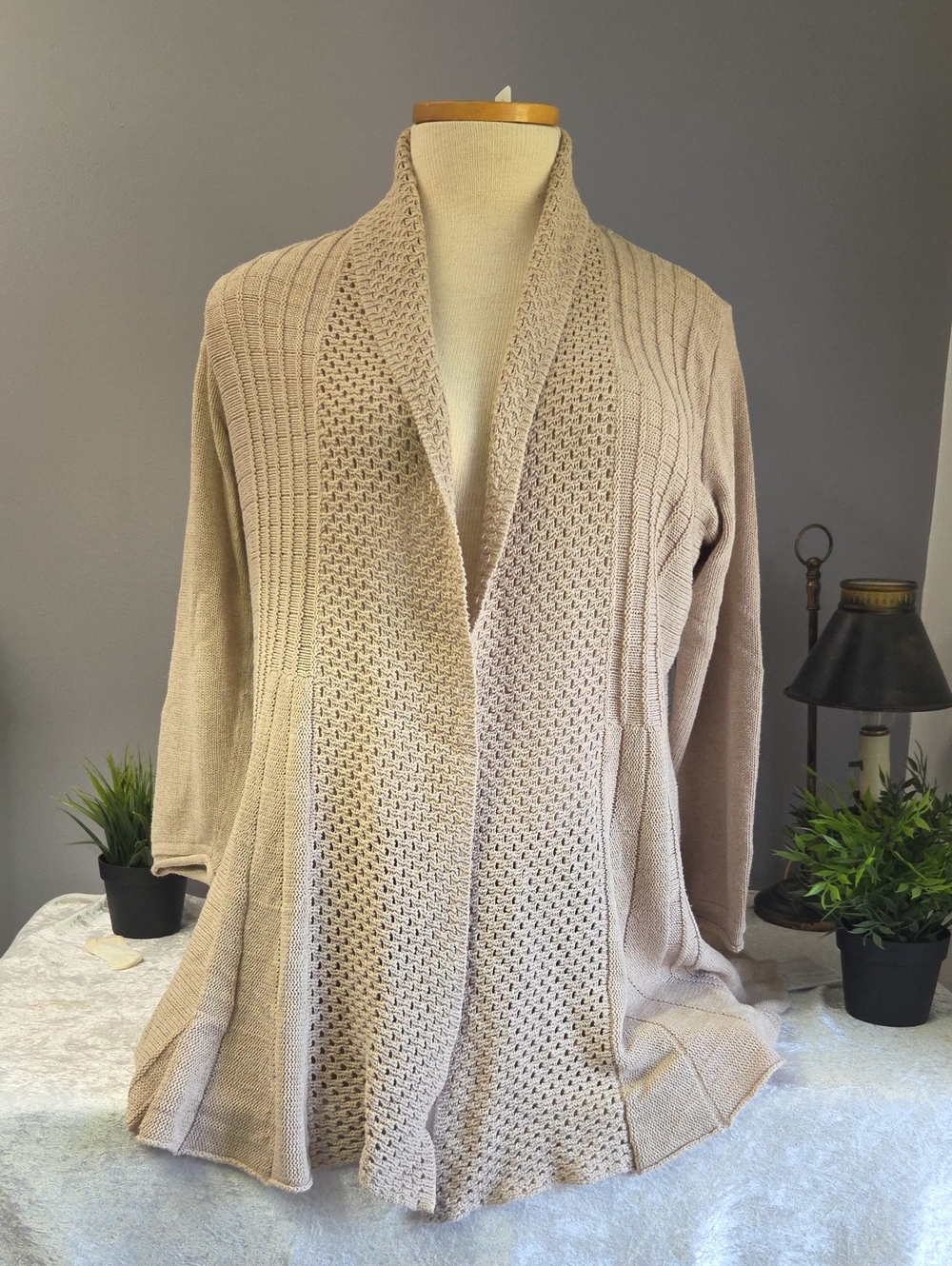 NY Collection Taupe Open-Front Knit Cardigan